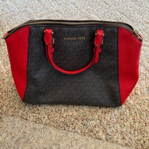 Michael Kors Large Ciara Top Zip Satchel with  Red /Flame and brown